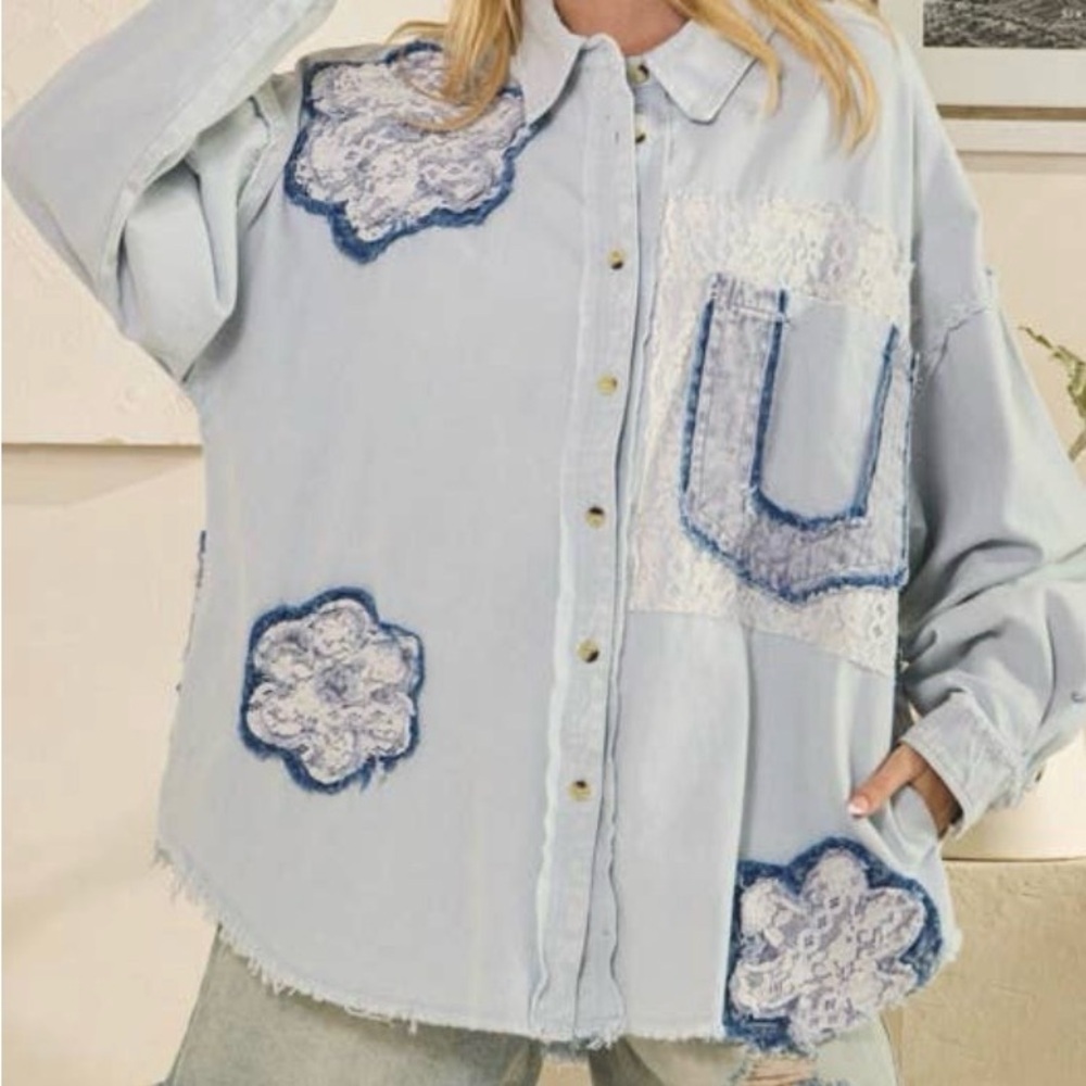 Oli & Hali Blue Washed Lace Contrast Denim Button Down